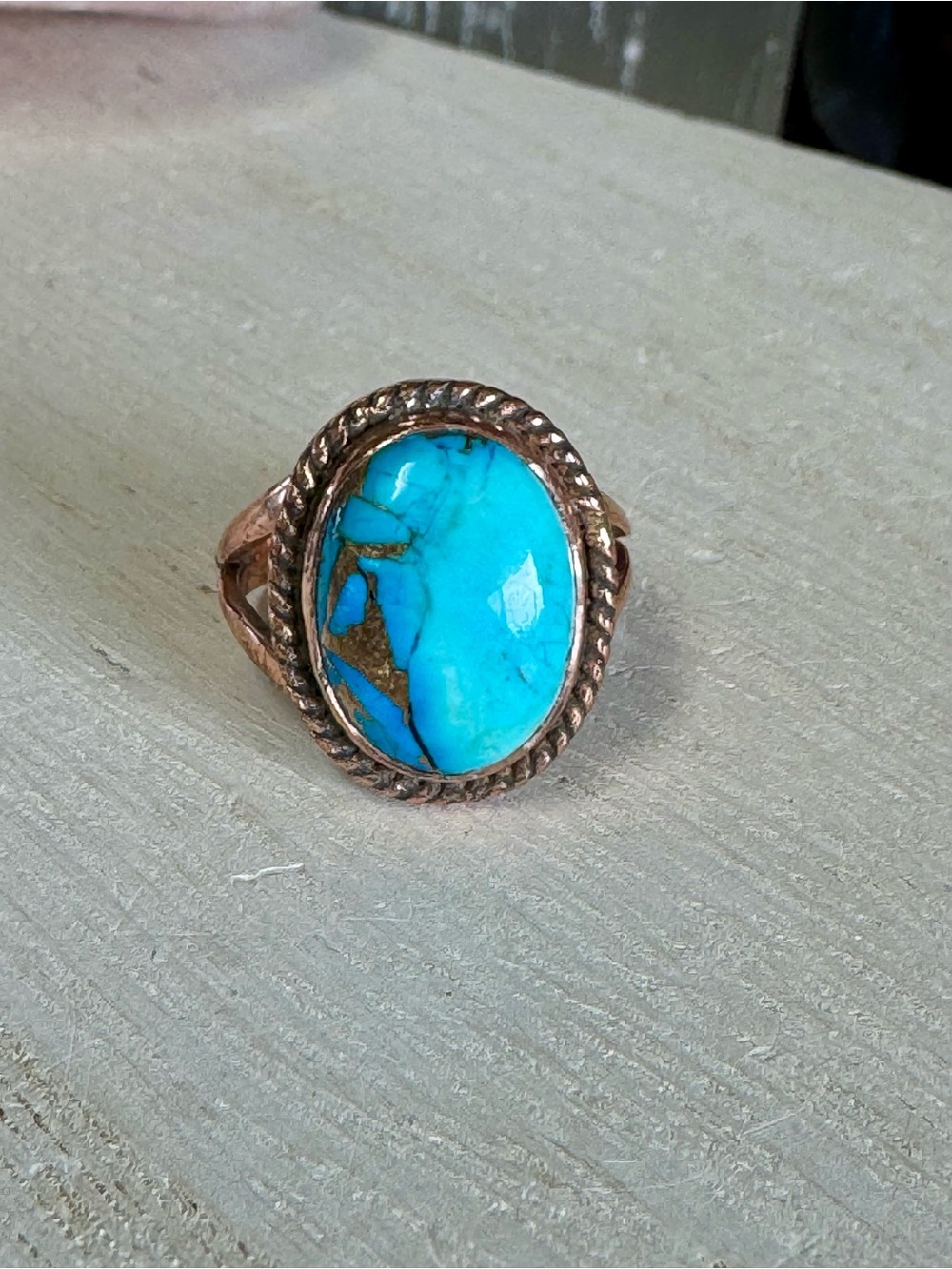 Blue Turquoise Dahlia Oval Copper Statement Ring - Handcrafted Size 7.5
